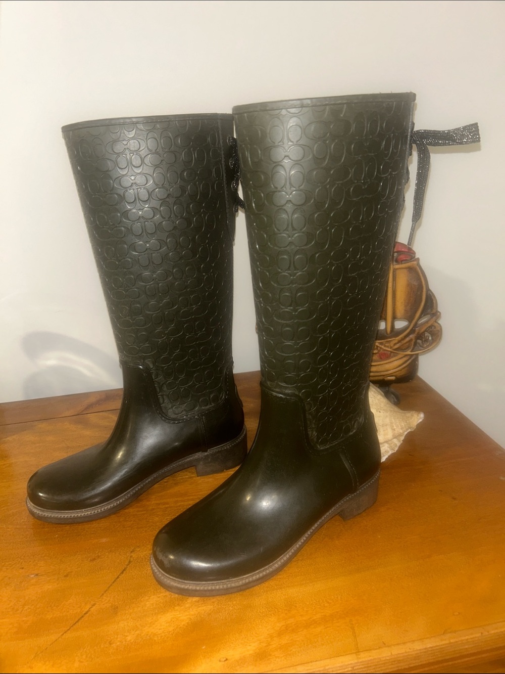 Coach Chocolate Brown Tall Signature Pattern Rain Boots